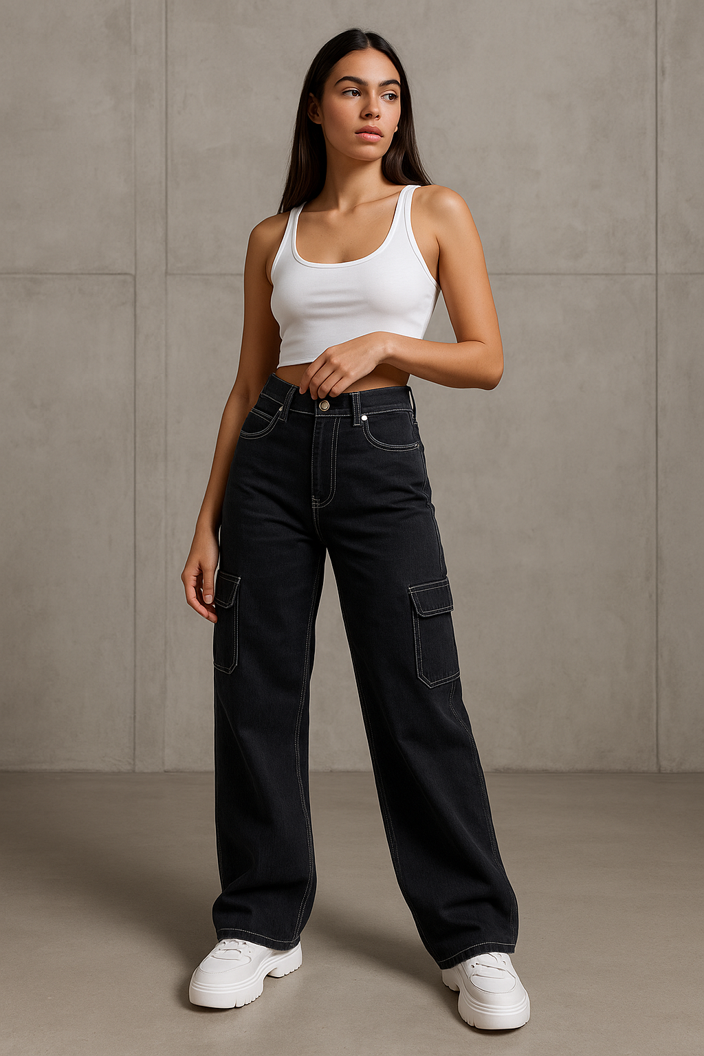 Premium Women Black Cargo Straight-Fit Jeans with White Stiching