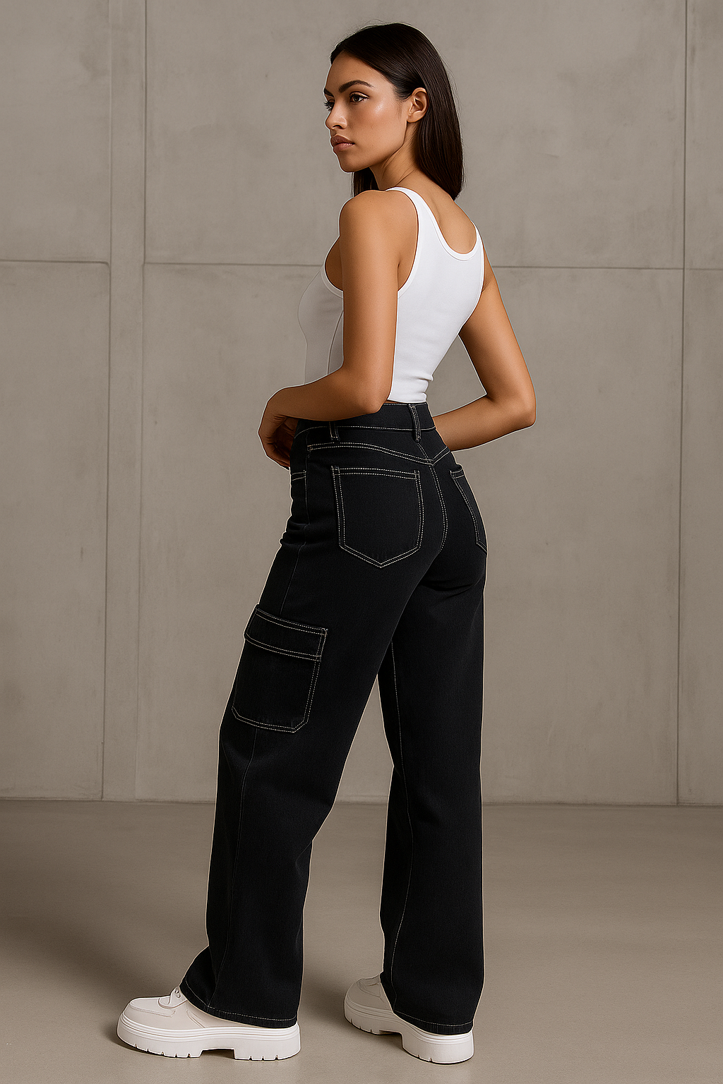 Premium Women Black Cargo Straight-Fit Jeans with White Stiching