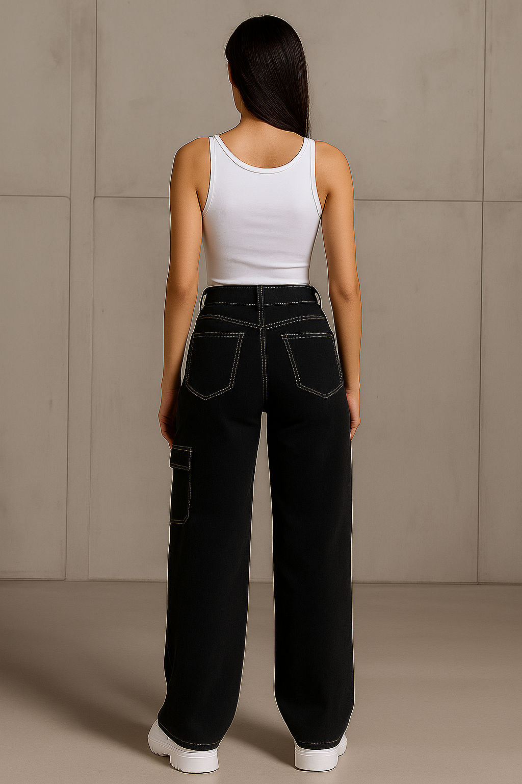 Premium Women Black Cargo Straight-Fit Jeans with White Stiching