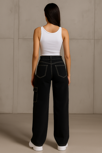 Premium Women Black Cargo Straight-Fit Jeans with White Stiching