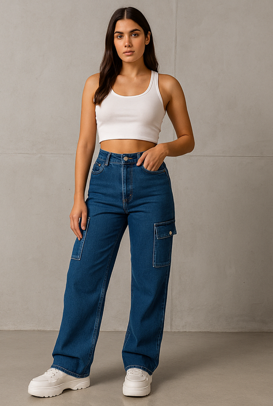 Premium Women Blue Cargo Straight-Fit Jeans