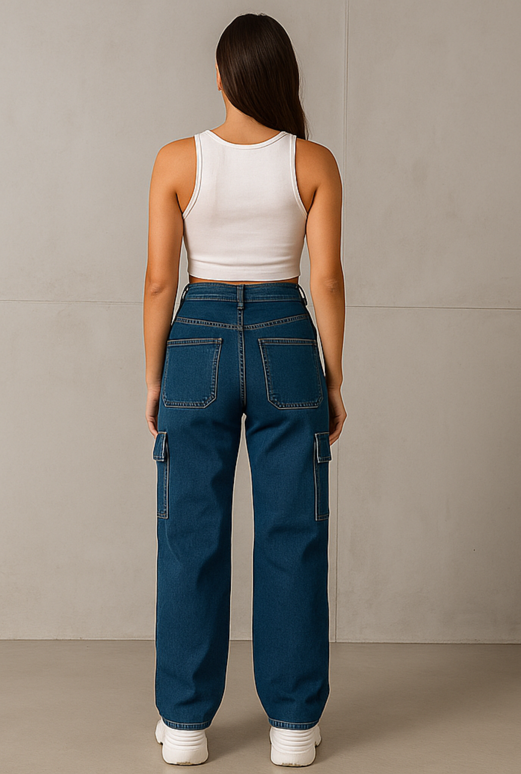 Premium Women Blue Cargo Straight-Fit Jeans
