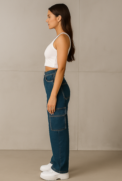 Premium Women Blue Cargo Straight-Fit Jeans