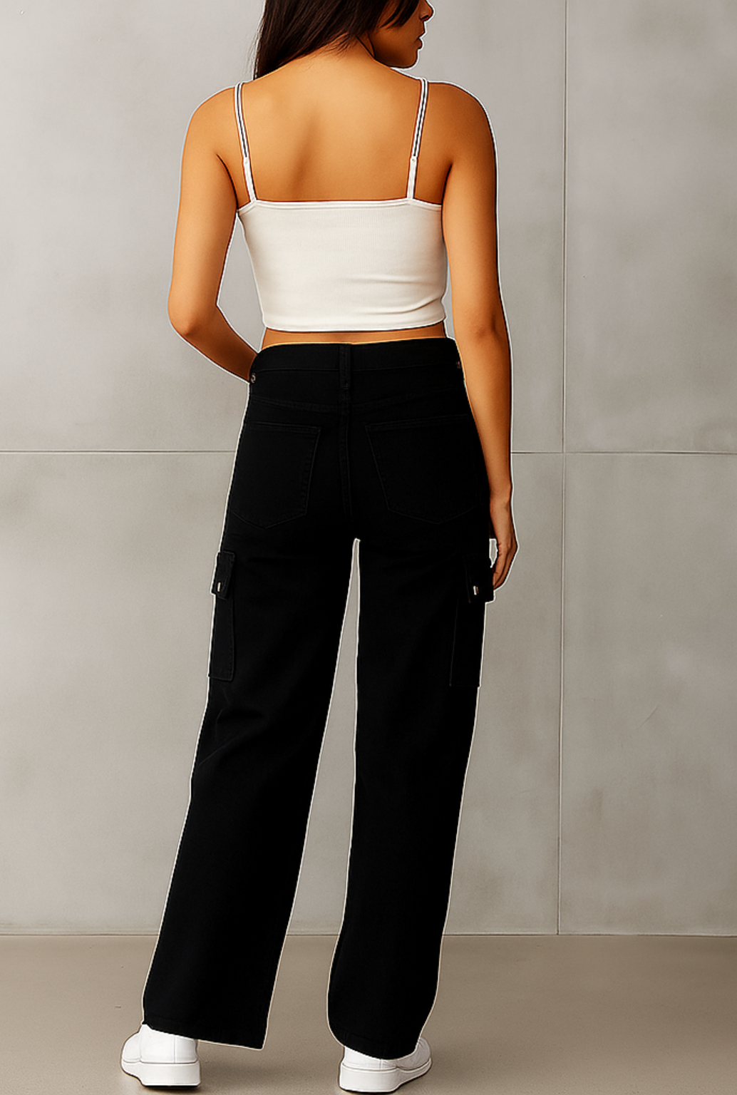 Premium Women Black Cargo Straight-Fit Jeans